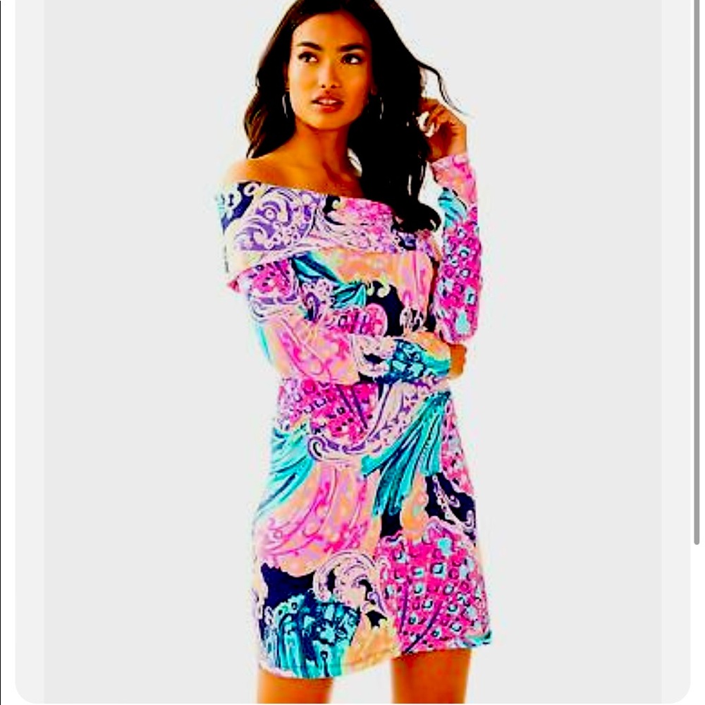 LILLY PULITZER Trisha Dress Off Shoulder Sheath Stretch Colorful Paisley- Small